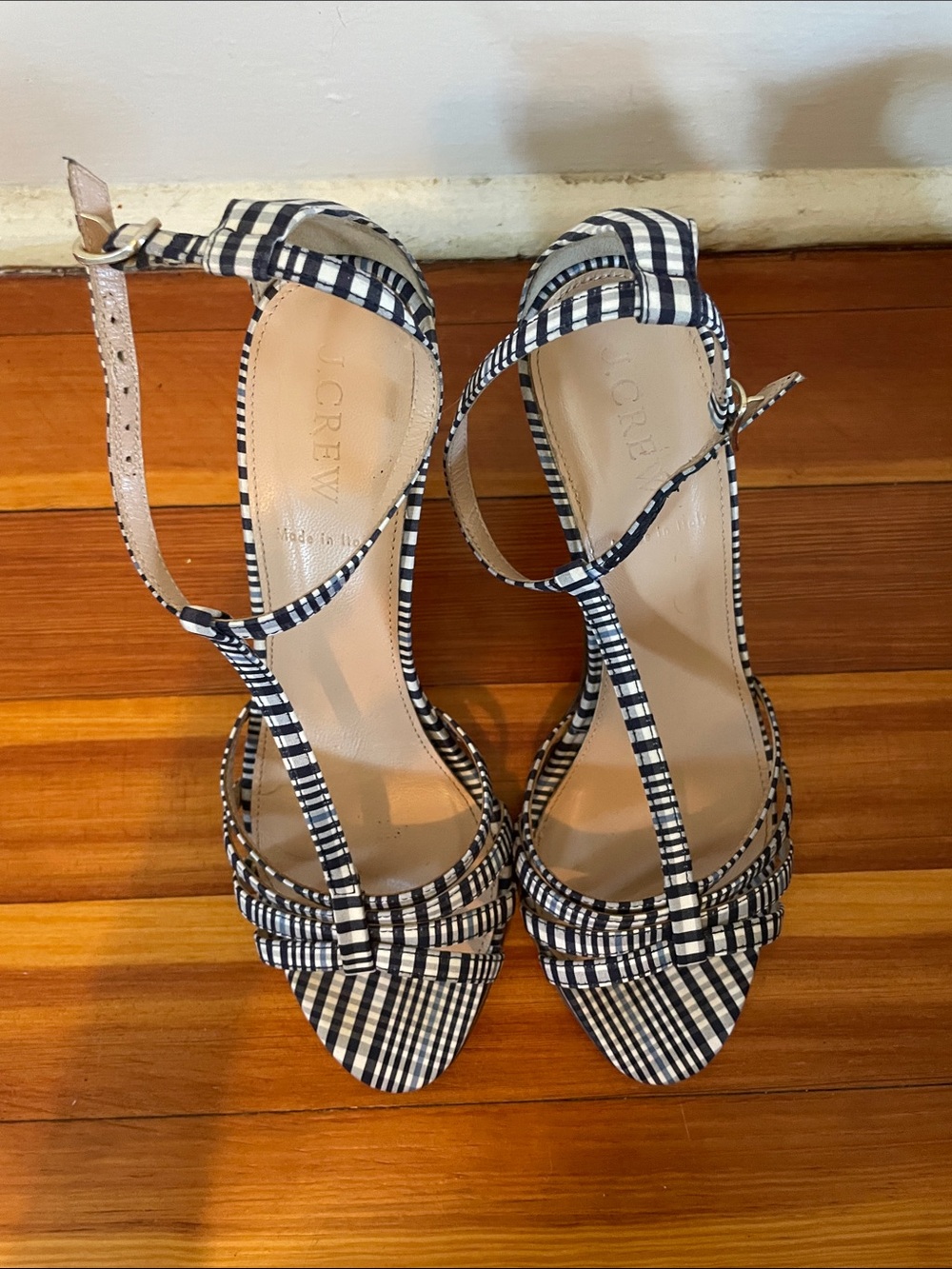 J. Crew Black and White Gingham Strappy Heels